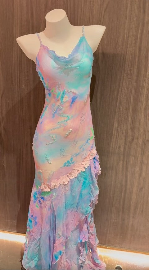 Vintage Colorful Spaghetti Straps Chiffon Beaded Sheath Long Prom Dresses Stunning Evening Gowns ED02342