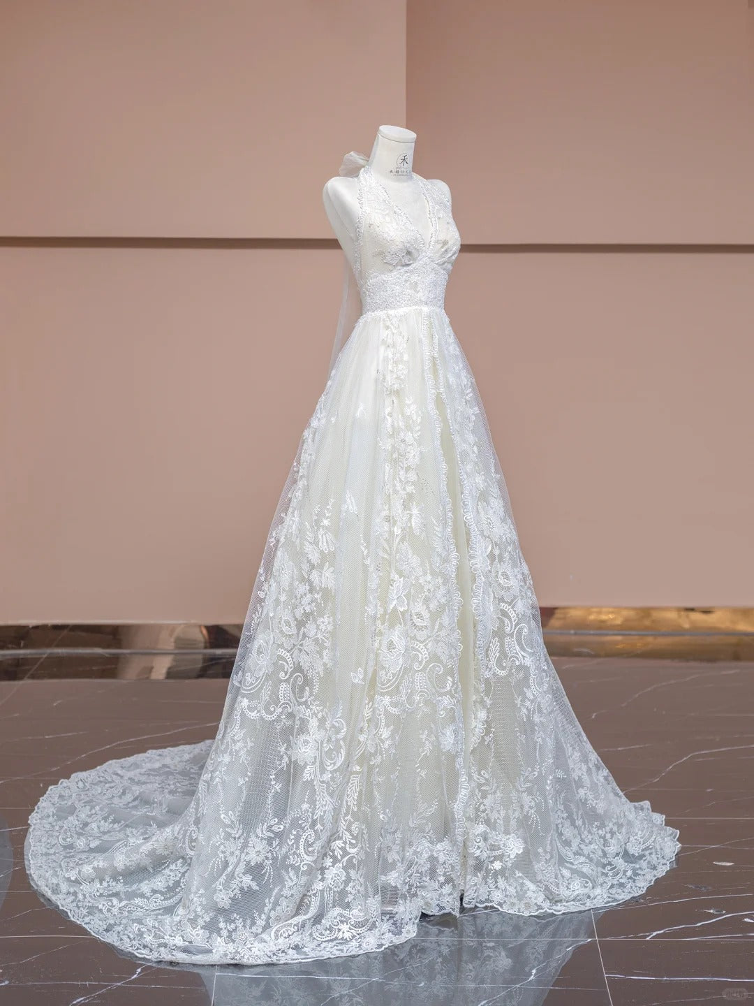 White V-neck Lace Applique A-Line Wedding Dress with Train HZ1024