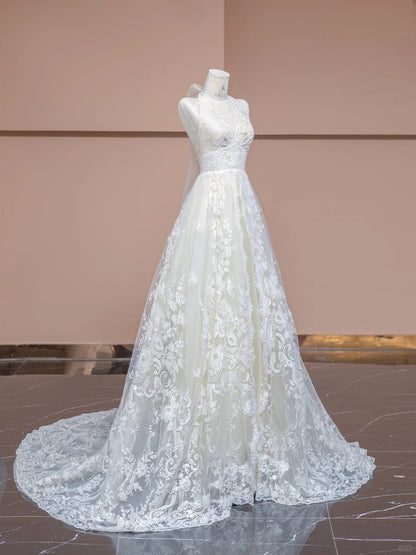 Elegant White V-neck Lace Applique A-Line Wedding Dress with Train ED02345