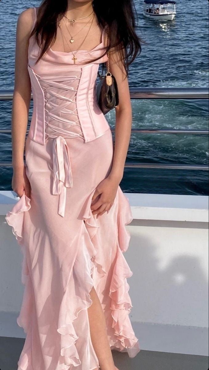 Pink Chiffon Spaghetti Straps with Slits Party Dress Beautiful Bridesmaid Dress ED02347