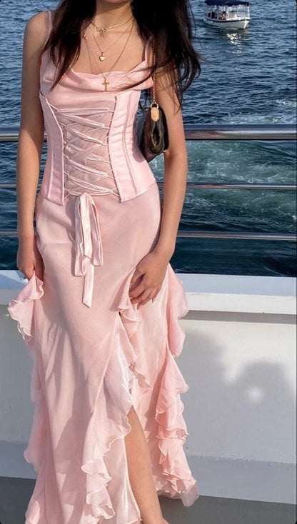 Pink Chiffon Spaghetti Straps with Slits Party Dress Beautiful Bridesmaid Dress ED02347