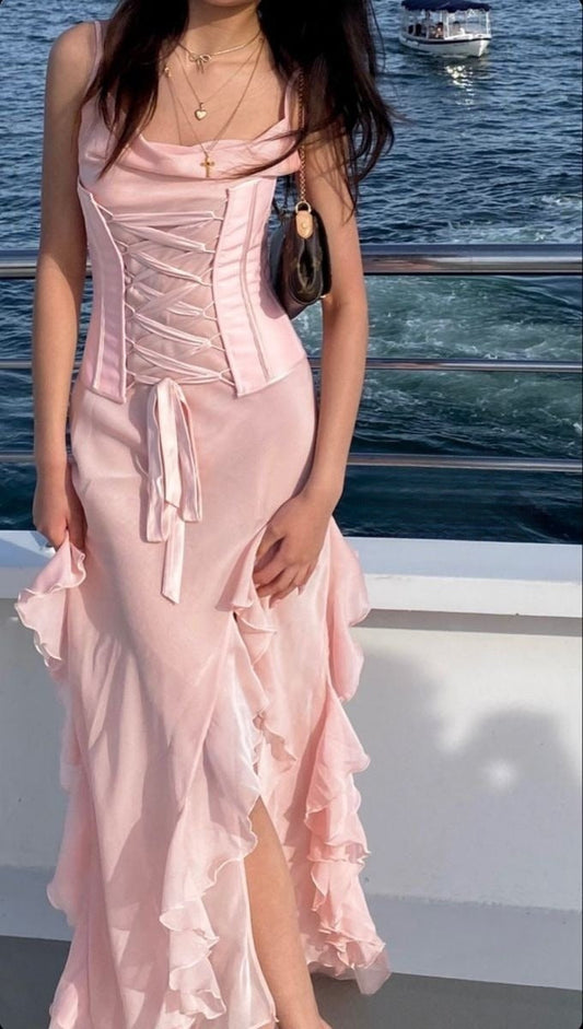 Pink Chiffon Spaghetti Straps with Slits Party Dress Beautiful Bridesmaid Dress ED02347