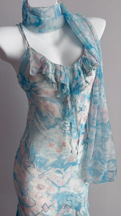 Blue Printed Chiffon Spaghetti Straps Beaded Sheath Prom Dresses for Party HZ1024