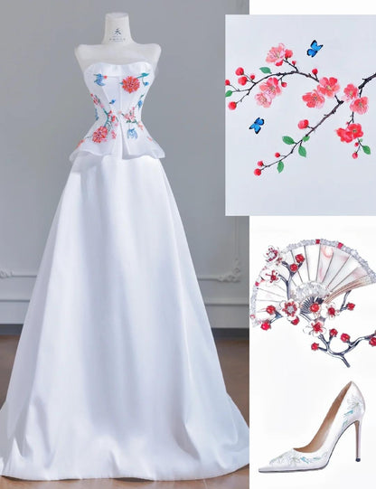 White Strapless Satin Beaded A-line Wedding Dresses Formal Evening Gowns HZ1024
