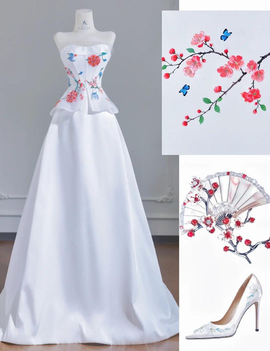 White Strapless Satin Beaded A-line Wedding Dresses Formal Evening Gowns HZ1024