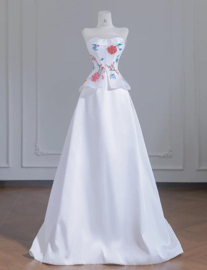 White Strapless Satin Beaded A-line Wedding Dresses Formal Evening Gowns HZ1024
