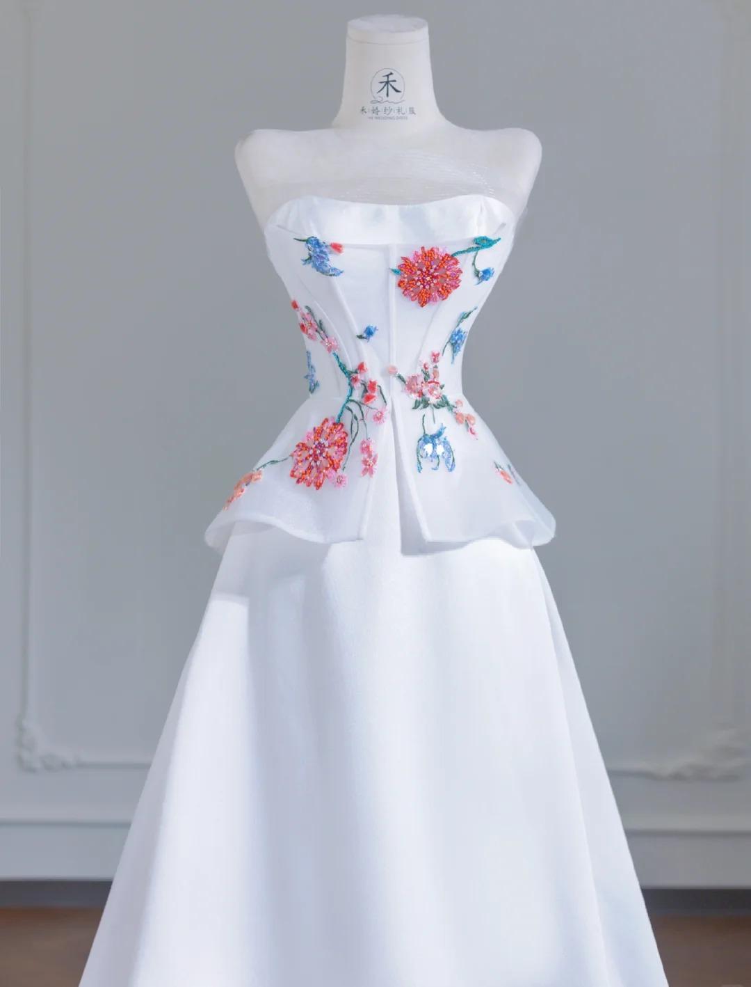White Strapless Satin Beaded A-line Wedding Dresses Formal Evening Gowns HZ1024