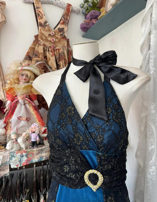 Elegant Blue Satin Black Lace Appliques V-Neck Backless A-Line Party Dress Vintage Formal Evening Gowns ED02362