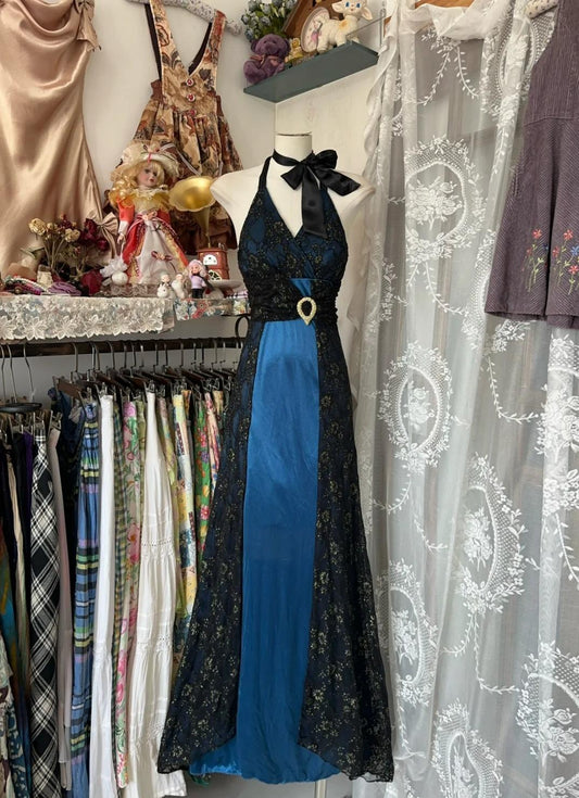 Elegant Blue Satin Black Lace Appliques V-Neck Backless A-Line Party Dress Vintage Formal Evening Gowns ED02362