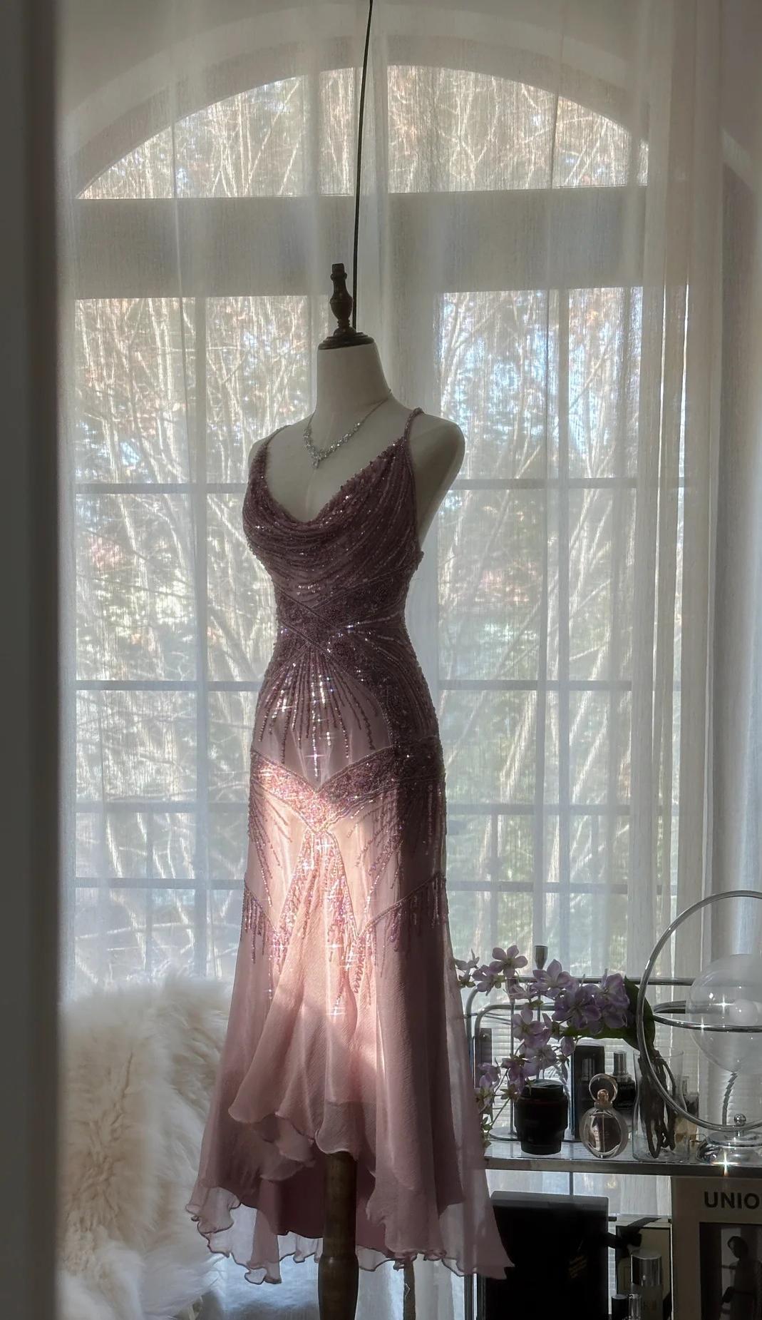 Dusty Pink Spaghetti Straps Mermaid Chiffon Beading Prom Dresses Elegant Party Dress HZ1024