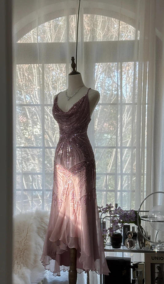 Retro Dusty Pink Spaghetti Straps Mermaid Chiffon Beading Prom Dresses Elegant Party Dress ED02363