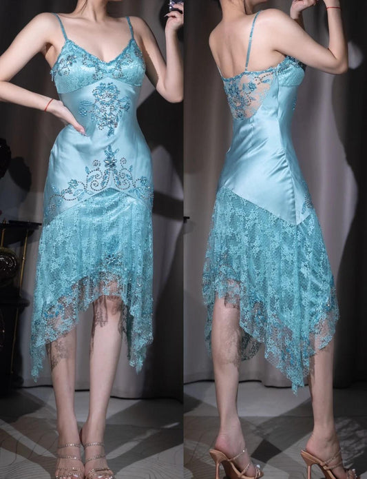 Elegant Blue Spaghetti Straps Sheath Lace Beading Vintage  Prom Dresses  ED02364