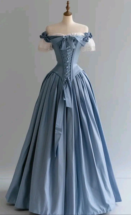 Blue Palace Style Satin A-Line Long Prom Dresses Formal Off-the-shoulder Evening Gowns HZ1024
