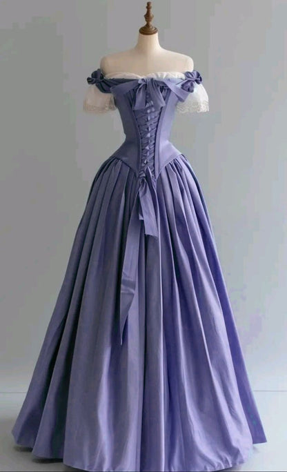 Vintage Blue Palace Style Satin A-Line Long Prom Dresses Formal Off-the-shoulder Evening Gowns  ED02365