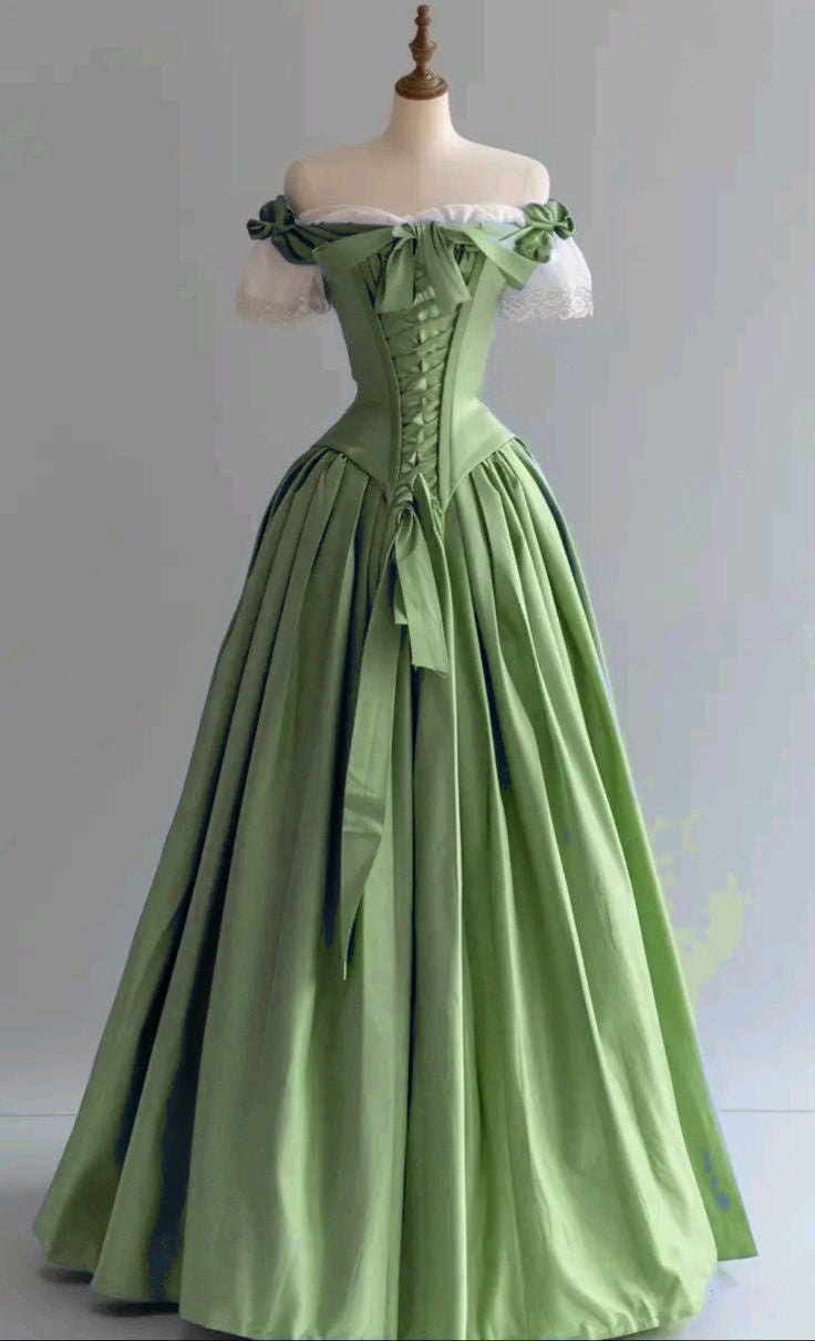 Vintage Blue Palace Style Satin A-Line Long Prom Dresses Formal Off-the-shoulder Evening Gowns  ED02365