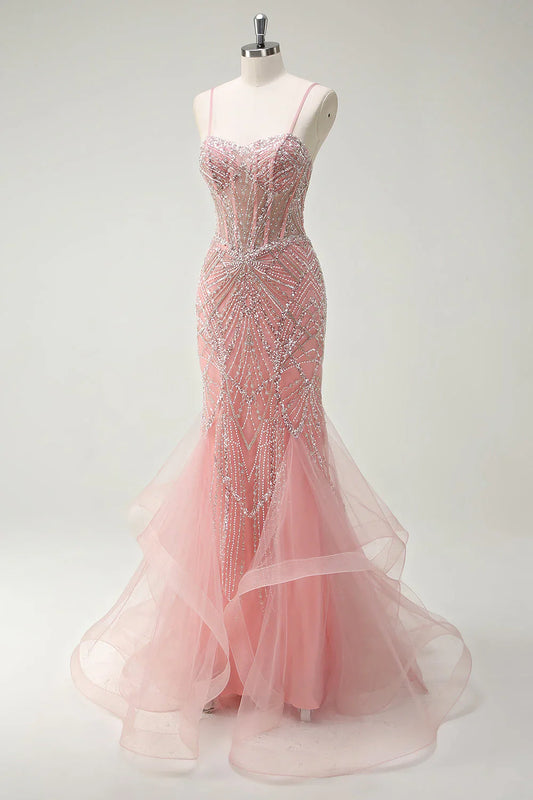Fairytale Peach Spaghetti Straps Mermaid Beaded Tulle Long Prom Dresses Formal Evening Gowns ED02366