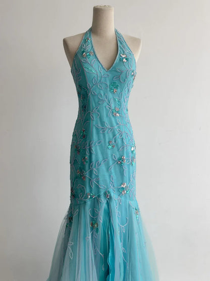 Vintage Mermaid Blue Tulle Prom Dresses Halter Gorgeous Beaded Backless Evening Gowns ED02368