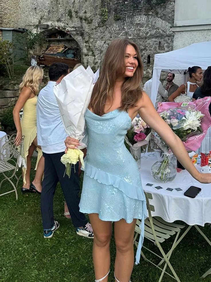 Fashion Blue Sheath Spaghetti Strap Short Outdoor Party Outfit Summer Birthday Dresses ED02373