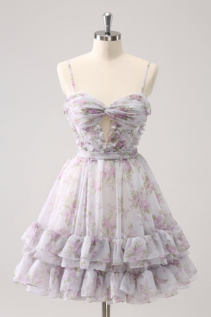 Printed Chiffon A-Line Spaghetti Strap Party Dress Short Homecoming Dress HZ1024
