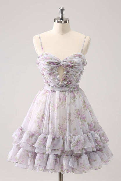 Printed Chiffon A-Line Spaghetti Strap Party Dress Short Homecoming Dress HZ1024