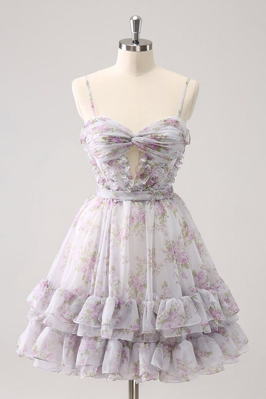 Printed Chiffon A-Line Spaghetti Strap Party Dress Short Homecoming Dress HZ1024