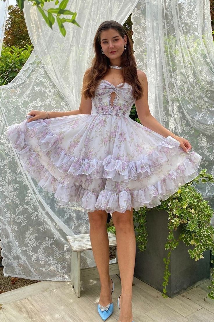 Printed Chiffon A-Line Spaghetti Strap Party Dress Short Homecoming Dress HZ1024