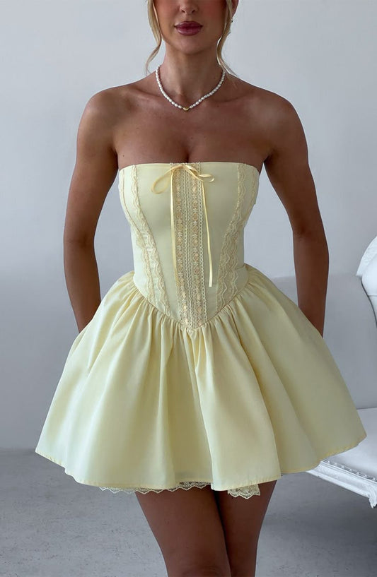 Butter Yellow Satin Lace Strapless A-Line Short Prom Dresses Homecoming Dresses HZ1024