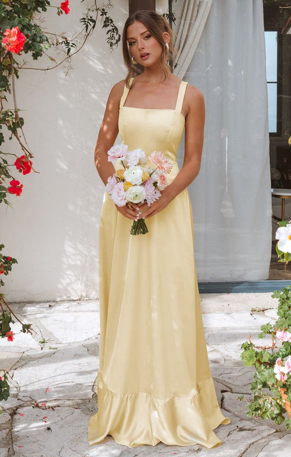 Butter Yellow A-Line Long Prom Dresses Straps Satin Bridesmaid Dresses HZ1024