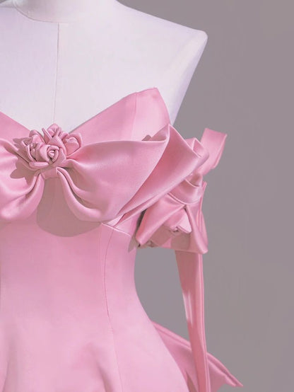 Beautiful Pink A-Line Off Shoulder Satin Train Wedding Dress Formal Evening Gowns ED02383