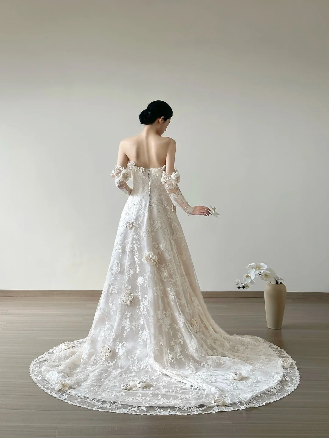 White Strapless Lace Applique A-Line Wedding Dress HZ1024