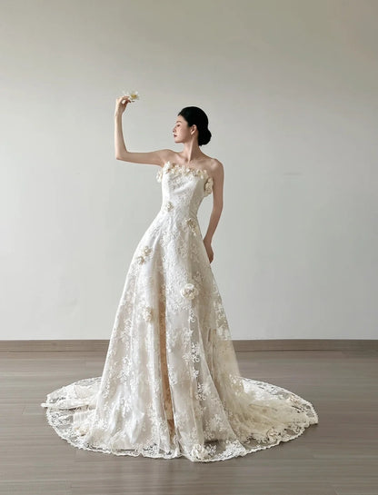 Elegant White Strapless Lace Applique A-Line Wedding Dress ED02385