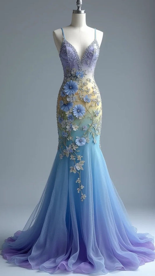 Ombre Purple Mermaid V Neck Tulle Applique Long Prom Dresses Stunning Evening Dress HZ1024