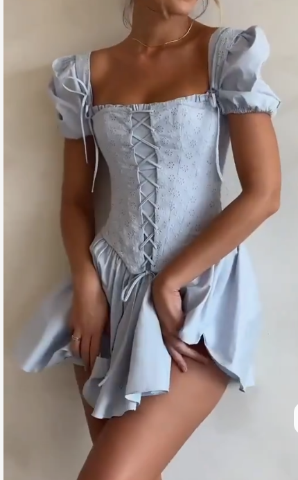 Sweet Sky Blue Square Neck Satin Corset A-Line Party Dresses Short Prom Dresses ED02389