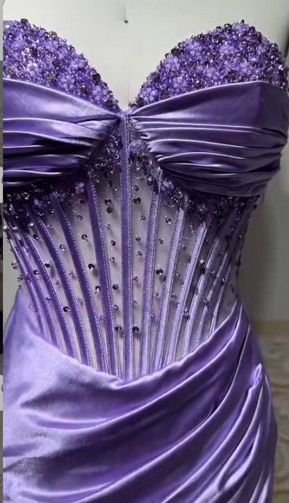 Elegant Lilac Sweetheart Neck Mermaid Satin Beading Long Prom Dresses Formal Evening Gowns ED02390