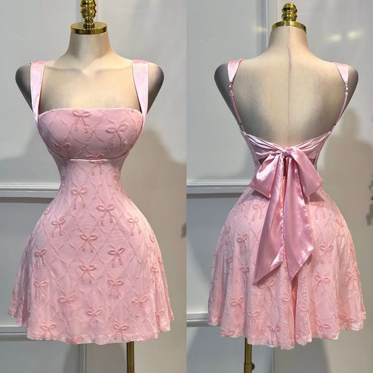 Pink A-Line Square Neck Homecoming Dress Chiffon Embroidered Bow Open Back Short Prom Dresses HZ1024