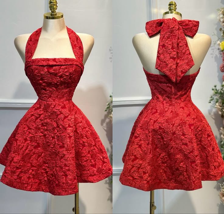 Gorgeous Red A-Line Halter Neck Homecoming Dress Jacquard Satin Open Back Short Prom DressesED02393