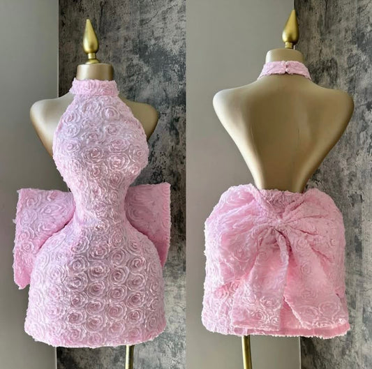 Fairytale Pink A-Line Halter Neck Homecoming Dress Chiffon Applique Open Back Short Prom Dresses ED02394