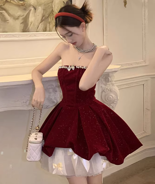 Gorgeous Red Velvet A-Line Strapless Homecoming Dress Tulle Two-Piece Short Prom Dresses with Bow ED02396