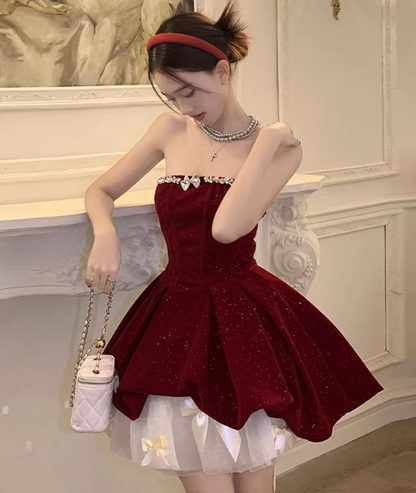 Gorgeous Red Velvet A-Line Strapless Homecoming Dress Tulle Two-Piece Short Prom Dresses with Bow ED02396