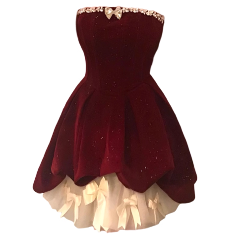 Gorgeous Red Velvet A-Line Strapless Homecoming Dress Tulle Two-Piece Short Prom Dresses with Bow ED02396