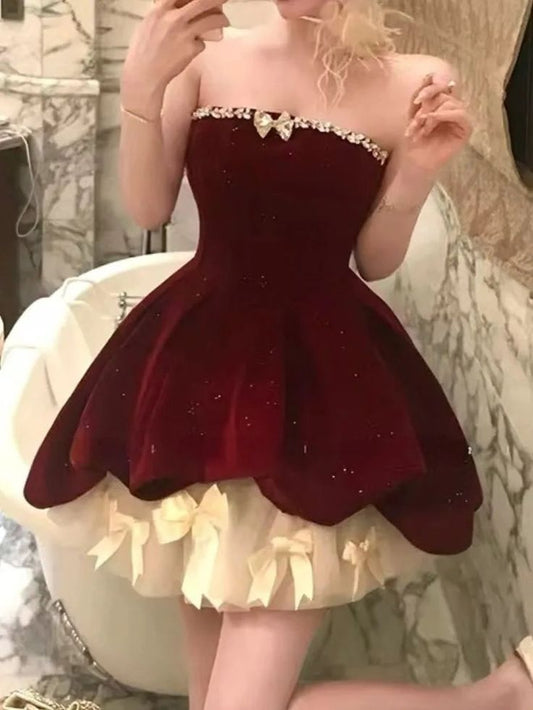 Gorgeous Red Velvet A-Line Strapless Homecoming Dress Tulle Two-Piece Short Prom Dresses with Bow ED02396