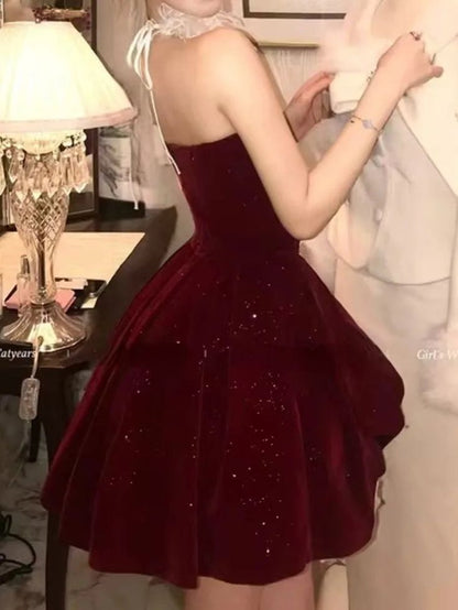 Gorgeous Red Velvet A-Line Strapless Homecoming Dress Tulle Two-Piece Short Prom Dresses with Bow ED02396