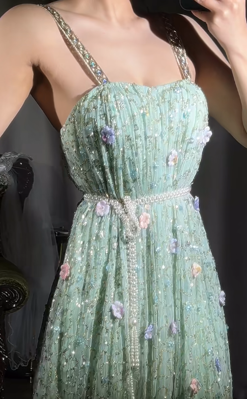 Fairytale Mint Green Straps A-Line Chiffon Beaded Long Prom Dresses with Appliques Sweet Birthday Evening Gowns ED02397