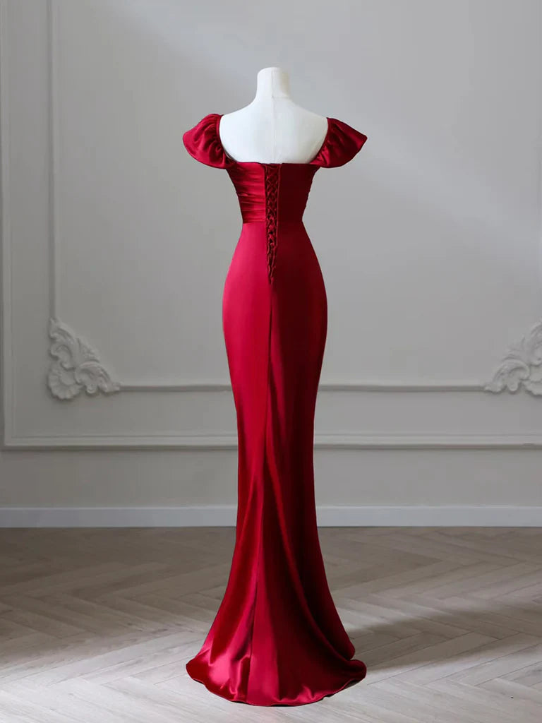 Mermaid Satin Burgundy Long Prom Dress, Mermaid Burgundy Long Formal Dress ED024
