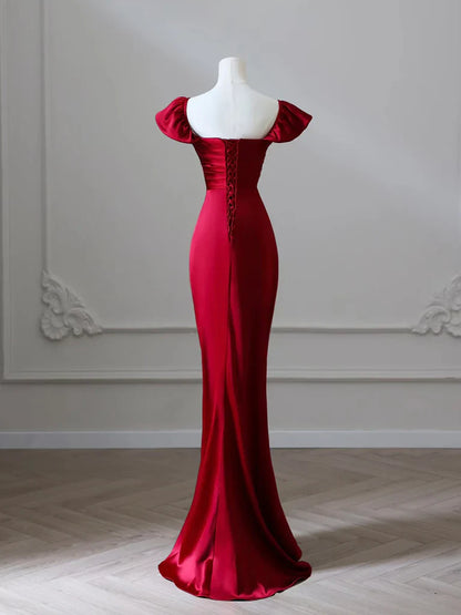Mermaid Satin Burgundy Long Prom Dress, Mermaid Burgundy Long Formal Dress ED024