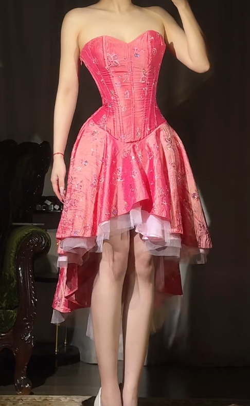 Vintage Hot Pink Strapless A-Line Homecoming Dress Sweet Chiffon Satin Sequin Hi-lo Short Prom Dresses ED02400