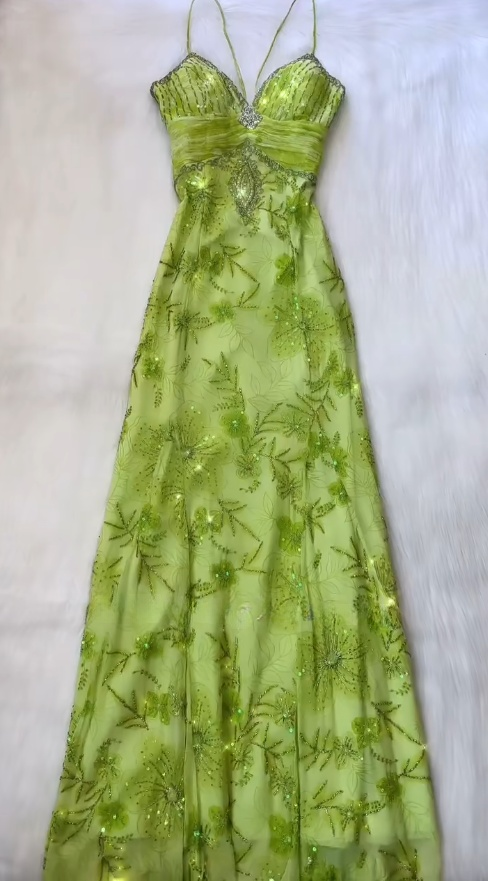 Bud Green V-neck Satin Beaded Applique Sheath Prom Dresses Vintage Backless Evening Gowns HZ1024
