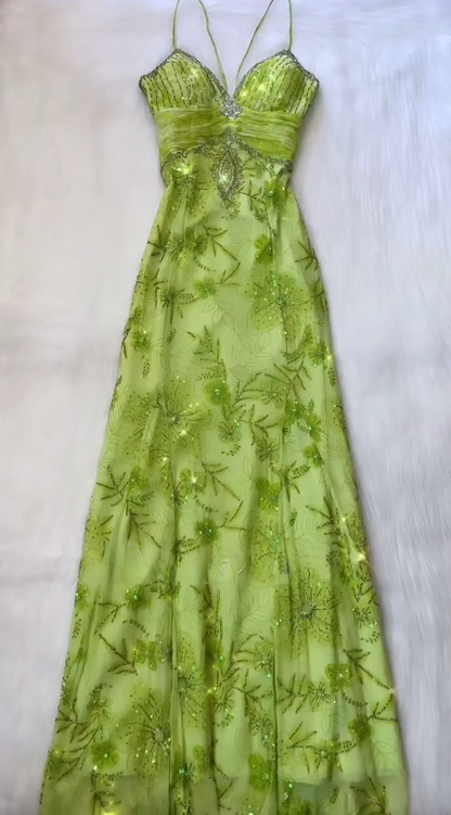 Bud Green V-neck Satin Beaded Applique Sheath Prom Dresses Vintage Backless Evening Gowns HZ1024