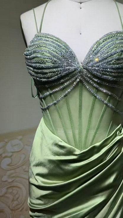 Elegant Sage Green Sweetheart Mermaid Satin Prom Dresses Formal Evening Gowns with Rhinestones ED02405