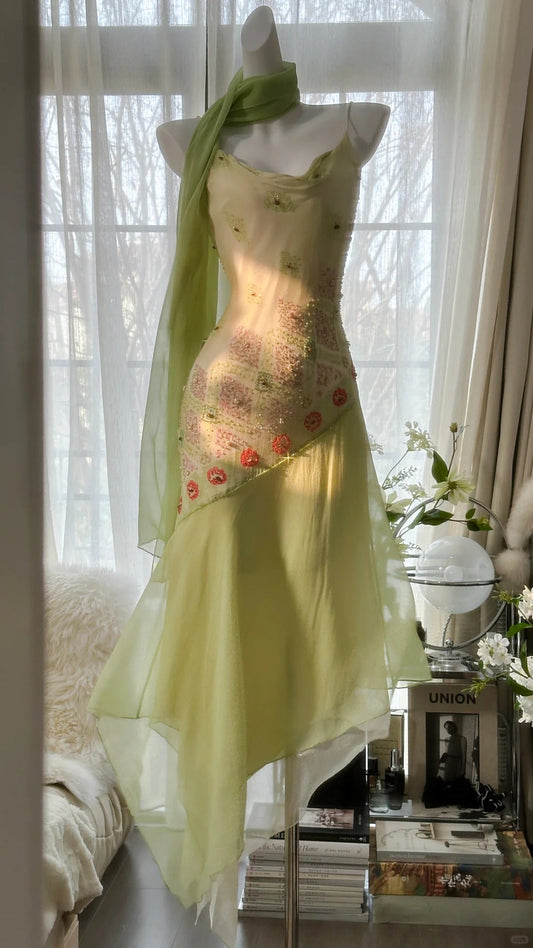 Fairytale Green Spaghetti Straps Vintage Party Dress Sheath Chiffon Beaded Short Prom Dresses  ED02406